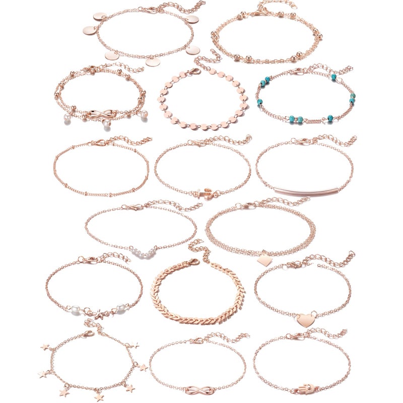 Softones 16Pcs Ankle Bracelets for Women Gold Silver Two Style Chain Beach Anklet Bracelet Jewelry Anklet Set,Adjustable Size - Image 1